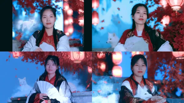 年轻中国狐族幻术师侧坐枫树下石阶，半身构图，绯红枫树，蓝调暮光，85mm镜头，侧逆光，回望观者，握灵扇，白狐浮雾中，红黑丝绸，金绣，暖红灯笼，红叶飘落，神秘柔媚，