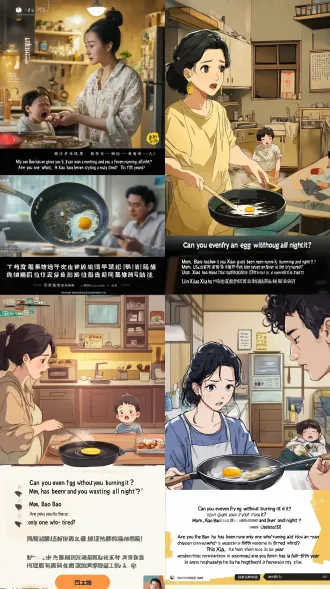 第一集： 【场景】清晨·狭小厨房 【画面描述】特写：油锅里煎蛋边缘焦黑。中景：林晓素颜、乱发、起球家居服，一手抱哭闹小宝，一手慌乱翻锅。婆婆王秀兰卷发金耳环推门，捏鼻皱眉，一把夺过锅铲。 【配音】 王秀兰（尖声）：“煎个蛋都能糊！我儿子一个月给你五千是让你糟蹋的？” 林晓（小声）：“妈，小宝发烧闹了一夜……” 王秀兰（打断）：“就你累？废物！”（锅铲砸进锅里，油星溅起） 旁白：“这是林晓当全职妈妈的第五年，也是她被骂的第1825天。” 画面：灰黄低饱和、窄画幅、厨房/客厅/医院雨夜；林晓素颜乱发家居服，婆婆卷发金耳环斜眼，张强瘫沙发刷手机，小宝哭闹