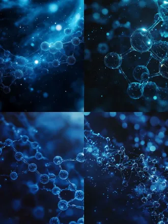 a futuristic corporate brochure cover design, dark navy blue and cyan background, 3d glowing chemical molecular structures and battery lattice, ultra-pure liquid flow effect, high-tech, clean, minimalist, large empty space on the left for text, 8k resolution, photorealistic, cinematic lighting.