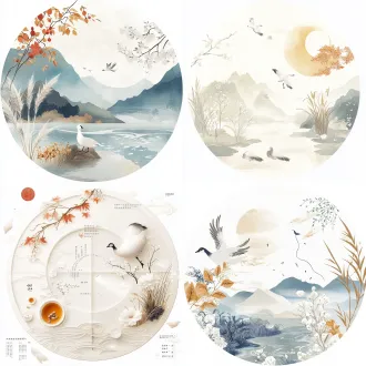 白露拼图风格宣传图，圆形贴纸含鸿雁玄鸟白露茶龙眼桂花，流程图形暑退夜凉露凝秋生，辅助纹样芦苇露珠秋月水纹稻穗，月白浅青黛蓝秋橙米白配色，平面矢量，微距特写，柔光灯效，治愈秋意。