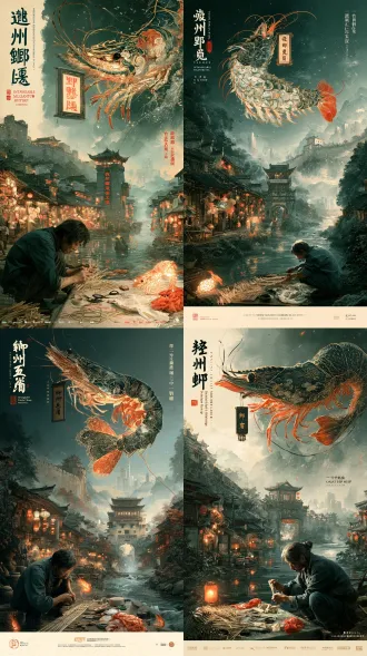竖版 9:16 严州虾灯非遗主题商业海报，新国风工笔插画风格，散点透视全景构图，国风长卷叙事感。 核心主体：画面中上部一盏体量宏大灵动舒展的严州虾灯，虾灯通体由竹篾骨架搭配层叠纱绸拼接而成，虾身鳞片、虾须、虾螯纹样保留传统灯彩手工扎制肌理，竹篾骨架线条清晰，虾头悬挂写有 “虾灯” 二字的中式牌匾，虾身轮廓描金，点缀云纹、水波纹、缠枝花草纹样。 前景：左下角民间灯彩匠人伏案持篾刀，扎制虾灯骨架，案台上散落竹篾、棉线、剪刀、彩绸、浆糊与半成品虾灯部件，旁侧点亮小型虾灯暖光漫出，节庆氛围感浓厚。 中景：严州古街巷与灯彩作坊，檐下挂满各式严州虾灯与民俗彩灯，门楼悬挂 “严州虾灯坊” 匾额，街巷充盈江南水乡元宵市井气息。 远景：建德严州古城城墙、梅城三江口江水与远山云雾交融，远处可见现代城镇天际线，展现古今文化传承。 风格色彩：黛青、朱红、鎏金色为主色调，做旧米黄宣纸底色，温润雅致，江南灯彩传统配色。 光影质感：均匀柔和漫射光，整体通透明亮；纱绸通透质感真实，竹篾骨架层次分明，扎制缝线、雕花细节清晰。 文字排版：左侧竖排大字书法 “严州虾灯”，旁配小字 “非物质文化遗产”“江南传统灯彩” 及拼音，钤红色印章；右侧竖排宣传语 “一篾一流光，一灯一风雅，匠心传承，非遗之美”；版式古朴稳重，不抢画面主体。 画质：8k 超高清，商业海报级细节，元素密集但层次清晰，水乡节庆氛围与匠人精神强烈。 负面提示词：模糊，低画质，人物畸形，文字错乱，色彩脏污，现代元素乱入，构图歪斜，3d 建模感