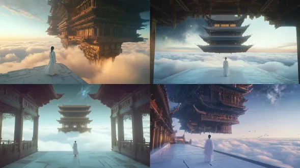 cinematic ultra-wide shot, low angle, vast cosmic celestial scene, a lone figure in elegant white hanfu standing with back to camera on a vast pale stone platform above the sea of clouds. massive inverted giant ancient chinese tang-style wooden palace hangs suspended upside down in the upper frame, grand multi-layered upturned eaves, intricate wooden beam structures, warm golden interior lighting leaking out. endless rolling cloud sea stretches to the horizon, faint dawn glow on the horizon, starry night sky with faint milky way, soft atmospheric haze, huge scale contrast, sublime and solemn, epic oriental fantasy, photorealistic, movie lighting, deep depth of field, 8k, hyper-detailed, unreal engine 5