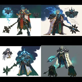 以第一张图的角色为基准主体，将后面两张图所描绘的角色元素融入其中创造出一个新的元素领主角色，要保证第一张角色的主体风格