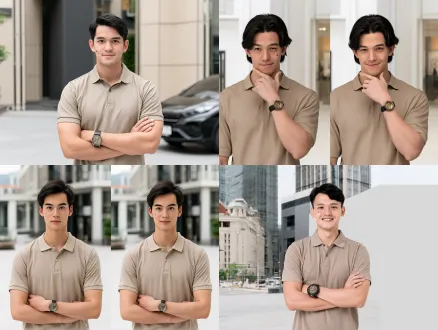 亚裔精瘦年轻男子，自信带戏谑笑，左颊有痣，穿米色polo衫配复古机械表，现代都市背景，2.5d动漫风，电影光效，浅景深，高细节，明亮鲜活色调。