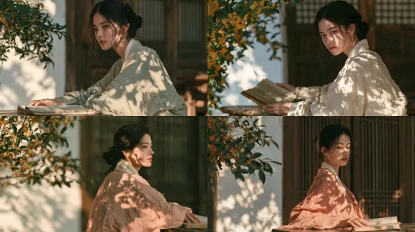 cinematic film still, chinese period film aesthetic, upper body shot of a young chinese woman in her mid twenties, refined natural east asian features, slim oval face, natural skin texture, light natural makeud, muted rose lips, dark hair in a neat low bun with a few loose strands.a crinkkled bush pinl linen robe with an ivorv collar band, seated at a low wooden table, bodv turned right,face turned back toward the camera, one hand resting on an open thread bound book. she sits right of center and fills the frame height, her head near the top edge. the left third of the frame holds a branch of golden osmanthus with deep green leaves against a sunlit white wall, walnut lattice doors behind her,the background softly out of focus but clearly readable. low hard sunlight from the left passes through the osmanthus branches and casts uneven dappled leaf shadows across her cheek, sleeves and the wall. eye level view, 50mm lens, f2.8, shot on 35mm film subtle film grain, low key exposure, warm highlights and cool shadows