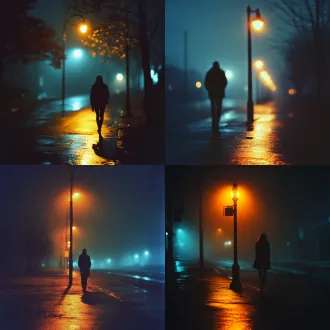 夜晚，空荡荡的城市街道，一盏孤零零的路灯，昏黄灯光洒在潮湿的柏油路面上，远处有淡淡薄雾，一个模糊的人影独自走在路灯下，背对镜头，拉出长长的影子，电影感，35mm胶片质感，低饱和，蓝橙对比，寂静，孤独，写实摄影风格，高细节，横版构图
