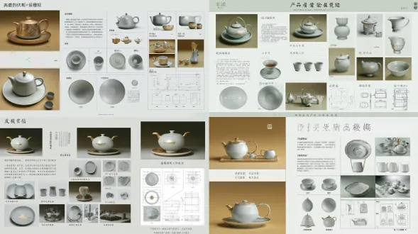 这张参考图是标准的“工业设计/产品画册排版”（product portfolio layout）。它的特点是：清晰的主视觉、结构化的版块划分（设计说明、灵感来源、部件展示、细节渲染、场景图、尺寸图），整体风格干净、专业、有秩序感。 将这种排版模板替换为“敦煌飞天”主题，并保持“暖金色调”，我们需要将原本清冷素雅的“青瓷山水”茶具，替换为“重彩鎏金、充满大漠华丽感”的敦煌风茶具。 以下是专为您定制的【敦煌飞天×产品画册】排版规划与ai执行指南：