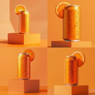 e-commerce product main image, a premium chilled orange soda can, bright orange aluminum can with minimalist design, condensation water droplets, centered composition, placed on a clean geometric podium, light orange solid background, hard directional lighting creating sharp geometric shadows, subtle orange slice accent, glossy reflections, clean commercial product photography, high detail, sharp focus, ample negative space for text, 1:1 square composition, 8k, photorealistic, minimalist high-end brand aesthetic no text, no watermark, no clutter, no distorted can, no messy background, no soft blurry shadows