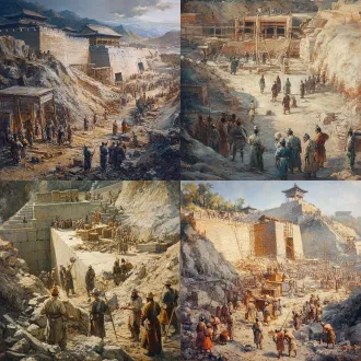 公元前 247 年修建秦始皇陵现场，秦朝民工在秦朝士兵监督下，开山凿石，修建秦始皇陵墓，写实油画风格，暖色调，细节丰富，人物服饰符合秦朝年间特征