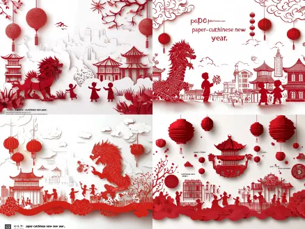 主题为中国的节庆春节主题。整体不是普通民俗海报，而是一件结合红色剪纸、年兽、汉族文化纹样、热闹的街景与现代海报设计的高级视觉作品。背景为极简暖白色纸面底板，大面积留白，主体像一张被精细裁刻出来的年兽剪纸作品，兼具民俗感与纪念感。画面右下角设置一个极小的小孩和大人玩鞭炮或贴窗花剪影作为视觉起点，从其位置延伸出一条流动主线，逐渐演化为贴门联、卖烟花、大人小孩逛街，小孩挑灯笼、小孩戴面具、老人望着小孩玩、挂着灯笼的街景、舞狮、年兽剪影、灯会，中式建筑群与现代城市建筑群交织。所有元素呈现为红色剪纸+多层纸雕+汉族纹样+城市图形拼贴的效果，具有清晰镂空、锐利边缘、精致宫阙轮廓与柔和投影。可适度融入祥云、团花、窗棂、民俗纹样，但整体保持克制和高级，不做过度拥挤。视角为轻微俯视，像拍摄一件现代化设计的城市非遗艺术装置。色彩以剪纸红为主，辅以暖白、少量鎏金、浅灰，整体喜庆、庄重、现代中式感强。左上角加入主标题"paper-cutchinese new year"，下方搭配简洁副标题与少量说明文字。整体气质:古都、民俗、节庆、非遗感、现代中式、系列化。负面词：拥挤杂乱、脏污、变形畸形、厚涂油画、照片写实、强烈光影、多余杂物、模糊毛边、融化边缘、塑料质感、卡通q版、炫彩高饱和、人物肢体崩坏、多余文字、多余边框、背景花纹泛滥、3d渲染、噪点、水印。注意版权问题