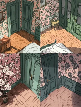 2d 游戏场景，俯视视角，复古法式卧室一角。灰粉色复古印花壁纸，胡桃木人字拼地板，复古绿双开门。画面干净，留白较多，方便放置游戏物品。法式复古插画风格（vintage french illustration），深色清晰描边，平涂上色，低饱和莫兰迪色系，不要有强烈的 3d 光影，扁平化。