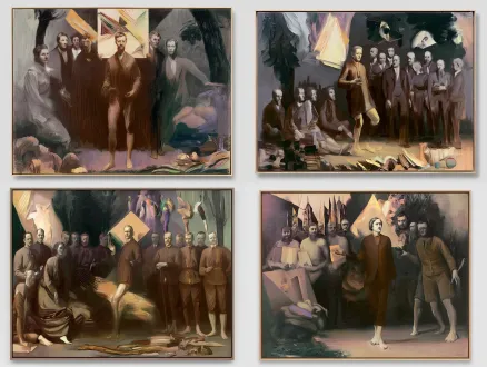 莱比锡画派群像，厚重笔触构图，复古工作室，低饱和灰调，大画幅相机，伦勃朗光，沉稳凝视，厚重肌理，肃穆沉静。