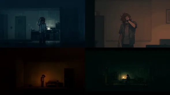 空昏暗房间，孤独人影摇头，朦胧记忆雾霭，安静无奈，像素艺术，9:16，怀旧阴郁色调，复古8位，柔颗粒，低饱和，电影感微妙灯光，无文字
