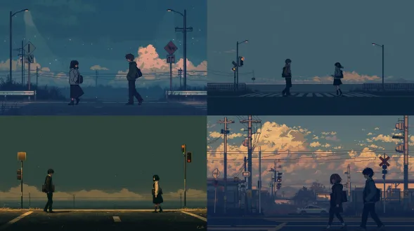 像素画，9:16，怀旧阴郁色调，复古8bit，柔和颗粒，低饱和，电影感柔光，黄昏十字路口，两人擦肩而过，目光不再交汇，冷清孤寂氛围，无文字