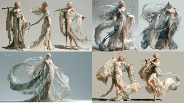 realistic chinese flying apsara character asset sheet, mature female, ethereal and misty temperament, long flowing silver-white hair, pale cyan hair ribbon drifting in wind. moon-white and mist-gray palette, layered translucent gauze immortal dress, silk lining, dunhuang long ribbons swirling, sleeves fluttering lightly. barefoot floating, jade flute and glaze bead strings hovering slowly around her. sea of clouds on mountain peak, tyndall rays, cool moonlight rim light. realistic skin texture, cinematic concept art, 16:9 horizontal, character design sheet layout, clean light gray background, high detail, 8k.