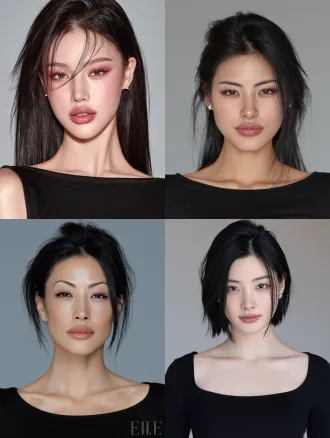 create a frontal beauty portrait of the same adult woman in the attached reference. preserve her exact facial identity, compact heart-shaped face, elongated almond eyes with gently lifted outer corners, nose and lip proportions, age, and 6:4 side-parted blue-black hair. refined cool rose-taupe eye makeup, delicate eyeliner, separated lashes, rose-pink gradient lips and luminous satin skin. opaque black boat-neck fitted top, tiny silver stud earrings. direct eye contact, calm self-assured expression, clear head-and-shoulders framing, neutral-gray studio, soft luminous beauty lighting, polished korean girl-group visual campaign photography