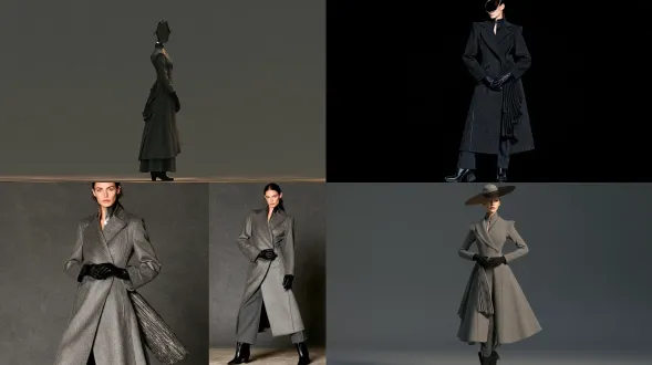 create one original supporting-performer costume design for a photorealistic psychological fashion music video, a single fully headed adult human performer in a clear full-length standing character-master portrait. vertical3:4 composition, complete topmost head/collar structure to both boot soles, spacious enough to read the whole silhouette, natural adult proportions and real human hands. the user selected a hybrid design: a real human body with a specifically designed abstract head or sculptural clothing construction. this is a wearable constructed stage costume, with believable joints, closures, fabric weight and physical materials, not a generic black helmet suit. the attached image is the existing heroine-and-set context only, not an identity to copy: the heroine wears brilliant ivory and chrome mirrored back fins in a charcoal/champagne tilted-mirror chamber. this new design is one of her subordinate attendants, so it must use lower-brightness matte graphite, ash or smoked metal and must not copy her visible face, ivory fin crown, long bridal train or exact costume. the attendant is an original gender-neutral-looking adult with a distinct supporting silhouette; facial identity is intentionally obscured by the actual costume construction. photo-realistic couture fabrication, seams, weave, controlled reflections, matte human hand texture where visible. neutral dark-gray studio backdrop, readable soft neutral frontal light and a restrained warm edge that echoes the set. one person only, no heroine in the same image, no collage, labels, text or logo. clearly designed head silhouette, torso construction, sleeves, lower garment and footwear should all be readable. human anatomy stays normal under the costume, the head structure is wearable, not a severed head or a biological mutation. specific design: a — mirror-faced attendant. the entire face is covered by one elongated vertically oriented smoked-silver mirror plate, roughly one-and-a-half normal face heights, with a sharply slanted hexagonal outline and a fine dark gunmetal perimeter. it extends a little above the normal crown but is visibly a thin wearable object rather than an inflated robot head. a real normal neck and high collar below it clarify the human body. the mirror catches one abstract warm strip of the stage light and a faint ivory reflection, never a painted human face, eye openings or the heroine's duplicated face. narrow tailored graphite felt long coat with a high slit collar, slightly squared but restrained shoulders, sharp vertical panel seams, a wrapped asymmetrical front and a stiff compressed pleated insert down one side. long slim sleeves end in fitted matte-black gloves; the hands rest naturally apart at the lower abdomen. straight narrow charcoal trousers and black boots with a low architectural heel. a little metal articulation at the collar allows the head plate to turn and bow with the person; keep this secondary and believable. the overall design is a sophisticated