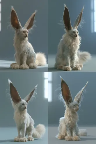 surreal photorealistic fine-art animal portrait, a single fantastical silver-white long-haired cat with extraordinarily oversized elongated rabbit-like ears, impossibly tall pointed ears rising high above the head and spreading outward in a dramatic v shape, dark warm brown inner ear fur, wispy translucent ear fringes, extremely exaggerated ear-to-head ratio, delicate feline face, pale almond-shaped eyes, small dusty pink nose, fluffy cream-white and silver-gray fur, unruly fine individual hair strands, long wispy cheek fur, slender elongated feline legs, oversized furry paws, large soft plume tail extending behind the body, standing naturally on all four paws, full body visible, body facing forward, head subtly turned to the right, quiet alert expression, anatomically coherent cat body with surreal fantasy proportions, centered composition, low camera angle, ears and paws fully inside the frame, minimalist muted blue-gray studio backdrop, soft diffused window light, delicate cool rim light outlining the ears and fur, subtle floor shadow, desaturated cool color palette with warm ivory highlights, gentle atmospheric haze, low contrast, soft focus falloff, analog film texture, natural imperfect details, realistic fur physics, exquisite fine-art photography, cinematic realism, 85mm portrait lens, restrained depth of field, understated dark fantasy, no illustration aesthetic
