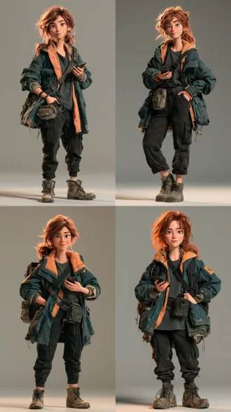 disney-style 3d animated feature film character design of ruby quinn, a 23-year-old human female courier. lean and agile, warm light-olive skin, subtle freckles across her nose, expressive hazel eyes, copper-red hair tied into a practical messy ponytail with loose strands framing her face. alert eyebrows, a stubborn half-smile, faint tiredness beneath her eyes, resourceful and quick-witted. wearing a worn dark-teal delivery jacket with muted orange lining, a charcoal t-shirt, black cargo trousers, scuffed ankle boots, and a compact crossbody utility pouch. slightly frayed cuffs and believable fabric wear. holding a smartphone in one hand, the other resting on her hip, weight shifted onto one leg. single character, full body entirely visible, three-quarter view, eye-level camera, centered against a plain neutral-gray seamless studio background. soft studio lighting, gentle rim light, appealing stylized proportions, expressive facial features, detailed hair, subtle skin texture, tactile fabrics, physically based materials, polished 3d rendering.