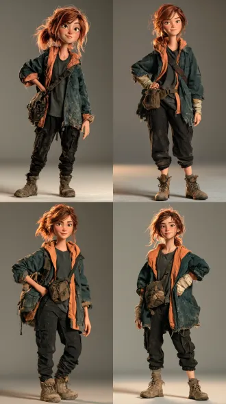 disney-style 3d animated feature film character design of ruby quinn, a 23-year-old human female courier. lean and agile, warm light-olive skin, subtle freckles across her nose, expressive hazel eyes, copper-red hair tied into a practical messy ponytail with loose strands framing her face. alert eyebrows, a stubborn half-smile, faint tiredness beneath her eyes, resourceful and quick-witted. wearing a worn dark-teal delivery jacket with muted orange lining, a charcoal t-shirt, black cargo trousers, scuffed ankle boots, and a compact crossbody utility pouch. slightly frayed cuffs and believable fabric wear. standing with one empty hand resting on her hip and the other relaxed at her side, weight shifted onto one leg. single character, full body entirely visible, three-quarter view, eye-level camera, centered against a plain neutral-gray seamless studio background. soft studio lighting, gentle rim light, appealing stylized proportions, expressive facial features, detailed hair, subtle skin texture, tactile fabrics, physically based materials, polished 3d rendering.