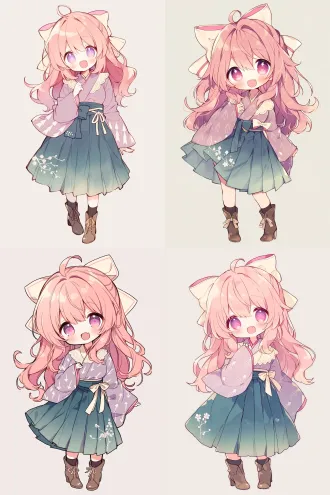a cute girl, full body, standing, facing the viewer, head tilted, one hand raised to her chest, happy open-mouth smile, one small fang, large round sparkling pink-violet eyes, rosy blush, long wavy pink hair, small ahoge, half-up hairstyle, large cream ribbon bow with a pink edge on the back of the head, wearing a pale wisteria lilac short kimono top with a crossed collar, cream lace half-collar, subtle white arrow feather pattern, wide bell sleeves with pink lining inside, deep teal pleated hakama skirt fading to pale mint at the hem, small white sakura branch embroidery near the left hem, cream waist ties in a small flat bow, black knee-high socks, brown lace-up ankle boots with low heels, cute proportions, large head, short soft legs, simple light grey background, key visual, soft lighting