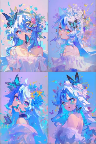 半侧脸回眸女孩，蓝发缠洋红花朵，天蓝大花荧光绿叶，蓝蝶飞舞，虹彩红绿瞳孔，脸颊霓虹飞溅，露肩白蕾丝裙，浅紫背景，高饱和霓虹色，色差故障，倾斜构图，厚涂，超精细，电影光，