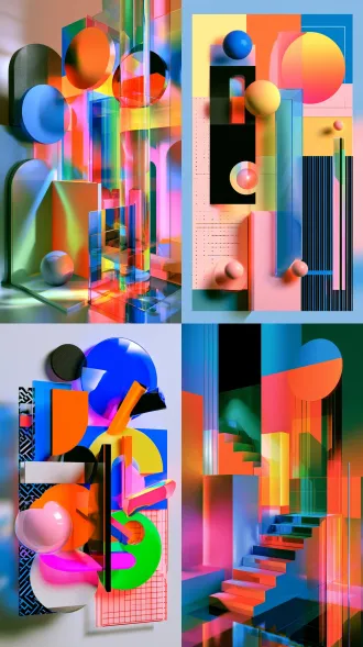 高端潮流艺术海报，非对称构图，大面积留白，波普孟菲斯融合，3d立体几何元素，高饱和电光蓝橙黄粉绿撞色，多材质哑光亮面亚克力，英文粗体无衬线排版，厌世小人占比30%，柔和投影，前卫精致