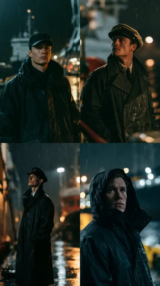 35 year old slender faced european man, strikingly handsome, tour guide uniform, rain jacket, wet dockside at night, rain, film still
