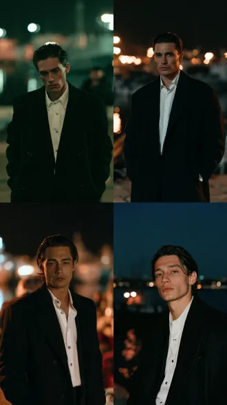 32 year old slender faced man, extremely handsome, refined elegant features, bright confident eyes, smooth clear skin, dark hair slicked back, black wool overcoat over white shirt with silver buttons, calm composed gaze, harbor at night, cinematic light, film still