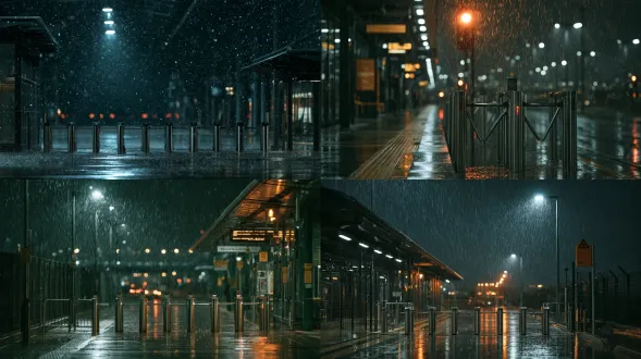 modern terminal gate barrier in heavy night rain, stainless turnstile, bright floodlight through rain, wet concrete reflection, architectural photography, deserted vacant space, no living figures