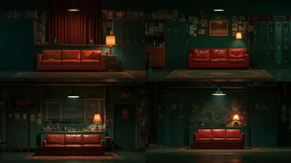 compact modern crew lounge at night, simple sofa, metal lockers, kettle on counter, single warm lamp, tidy and lived in, architectural photography, deserted vacant space, no living figures