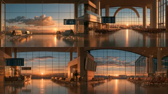 modern passenger terminal waiting hall, rows of steel waiting seats, departure information board, large windows with morning light, polished floor reflection, clean spacious, deserted vacant space, architectural photography