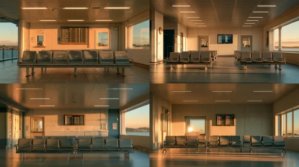 small regional ferry terminal waiting hall, low flat ceiling with slim led panel lights, three rows of modern grey metal bench seats facing one departure board, plain tiled walls, a single ticket window, morning daylight through a side window strip, clean simple public interior, deserted vacant space, architectural photography