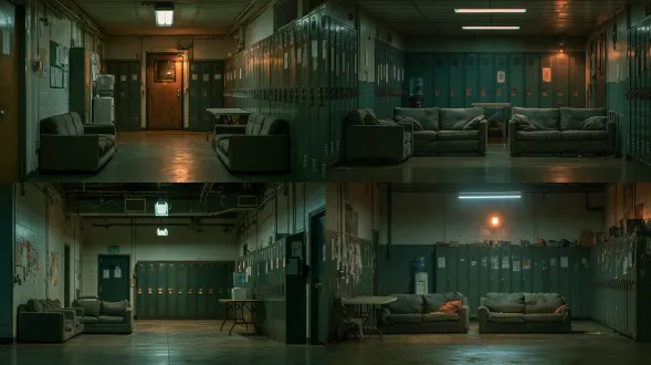 basic staff rest room in a small transport depot, two worn grey fabric sofas, white painted walls, metal lockers along one wall, water dispenser, folding table, one fluorescent ceiling light, plain functional interior kept clean and tidy, night, deserted vacant space, architectural photography