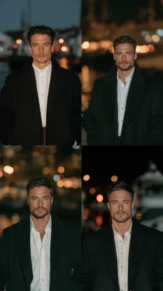 32 year old man, strikingly handsome leading man, refined handsome features, light blue eyes, clean shaven smooth skin, neat dark hair combed back, black wool overcoat over crisp white shirt with silver buttons, calm commanding gaze, harbour lights at night, cinematic light, film still