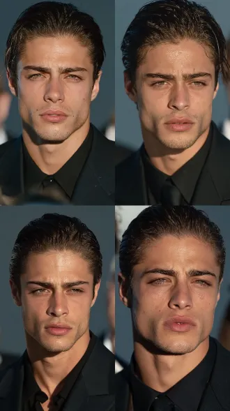 26 year old mixed-race man, breathtakingly handsome leading man, thick dark eyebrows, hair combed straight back tight at the sides, clean shaven, sharp thin jawline, black tailored suit over black shirt, piercing cold stare, studio portrait, dark plain backdrop, cinematic key light, film still