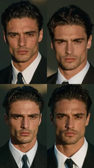 30 year old mixed-race man, breathtakingly handsome mob boss, thick dark eyebrows, deep set dark eyes, hair combed straight back tight at the sides, clean shaven, sharp jawline, black tailored suit with white shirt and dark tie, ruthless cold stare at camera, studio portrait, dark plain backdrop, cinematic key light, film still