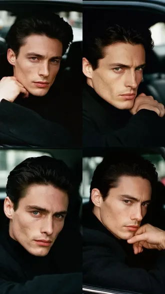 slicked back dark pompadour hair, black long wool coat, strikingly handsome young man with statue like facial structure and soft flowing lines, refined harmonious features, deep soulful eyes, clear fair skin, composed elegant aura, in car, kodak portra 400