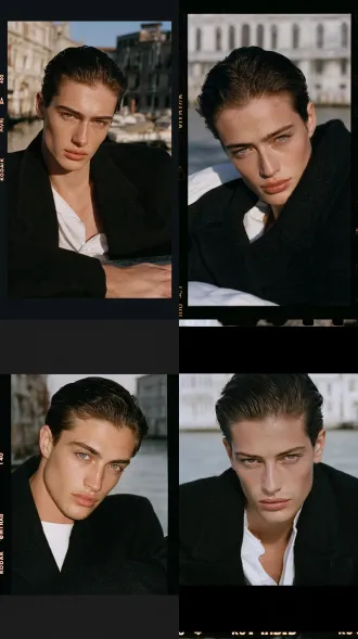 statue like facial structure, soft flowing lines, long narrow oval face, tapered jawline, flat brow ridge, thick straight eyebrows, clear expressive eyes, straight nose soft tip, full lips, clear fair skin, black slicked back hair, black wool overcoat, medium close up, kodak portra 400