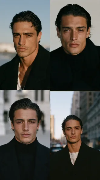 american leading man, refined bone structure soft flowing lines, oval face, full cheeks, clean jawline, clear expressive brown eyes, straight nose rounded tip, full lips, warm skin tone, black hair slicked back, black overcoat, medium close up, kodak portra 400