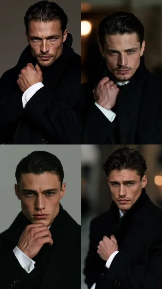 handsome 28 year old man, well-proportioned oval-square face, balanced facial thirds, short midface, soft rounded jaw corners, full cheeks, subtle cheekbones, straight nose with rounded tip, hooded steel-blue eyes, thick straight dark brows, medium-full lips, warm fair skin, black slicked-back hair, black overcoat, white shirt cuff, confident calm gaze, cinematic light, 85mm portrait