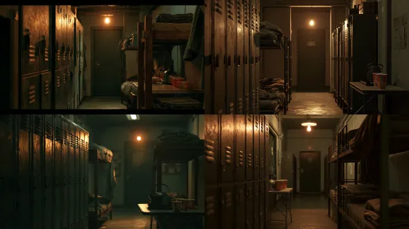 empty narrow rest room at night, one warm bulb, dented metal lockers, two worn bunks with folded blankets, kettle and noodle cups on a folding table, plain concrete walls, cinematic, 35mm film still, muted grade, photorealistic, no people