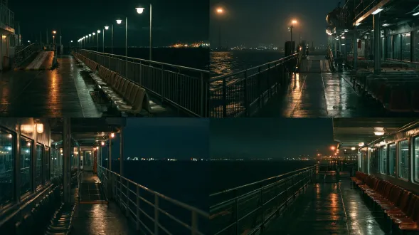 empty passenger ferry deck at night, dim deck lamps, wet steel railing, a boarding ramp lowered to the pier, rows of plastic seats, dark sea and distant harbor lights, cinematic, 35mm film still, muted grade, photorealistic, no people
