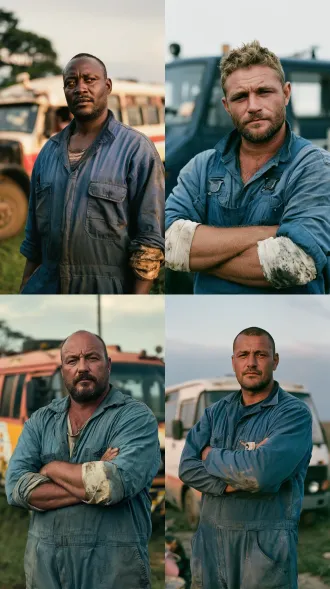 portrait of a burly man in his early forties, minibus owner, faded blue work overalls, grease stained sleeves, thick stubble, opportunistic squint, weighted calculating look, parked minibus behind, overcast daylight, cinematic, 35mm film still, photorealistic