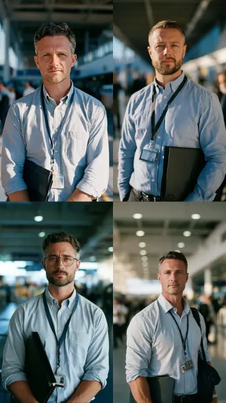 portrait of a practical man in his late thirties, ferry terminal client manager, light blue shirt with lanyard badge, dark folder under arm, calm assessing gaze, polite neutral expression, bright terminal concourse behind, cool daylight, cinematic, 35mm film still, photorealistic