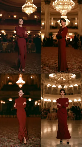 portrait of an elegant snobbish woman in her mid forties, gala event organizer, deep red evening dress, heels, arms folded, immaculate hair, sharp condescending stare, thin cold smile, grand theatre lobby behind, warm chandelier light, cinematic, 35mm film still, photorealistic