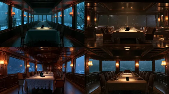 interior of a superyacht top-deck dining room at night, floor-to-ceiling windows lashed by driving rain, long table with white lace tablecloth, small black velvet ring box at its center, warm amber wall lamps, dark walnut floor, low coffered ceiling, moody cinematic wide shot, empty room