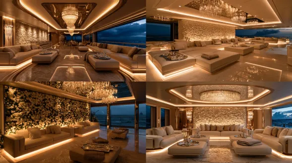 grand salon inside the top deck of a superyacht at night, entire back wall built from white roses, cream leather sofas and low tables with silver trays and folded blankets, crystal chandeliers, polished marble floor, warm golden light, tall windows onto a dark stormy sea, cinematic wide shot, empty