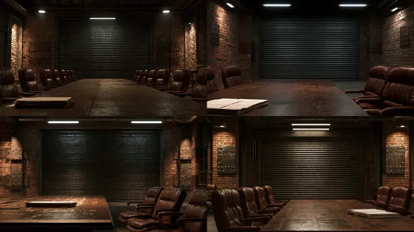 night interior of a freight depot converted into a shipping dispatch hall, massive closed steel roller shutter door filling the far wall, edge of a long scarred wooden negotiating table and leather chairs in the foreground, blank paper contracts stacked on it, brick walls with riveted iron patches, cold fluorescent tubes overhead, harsh shadow
