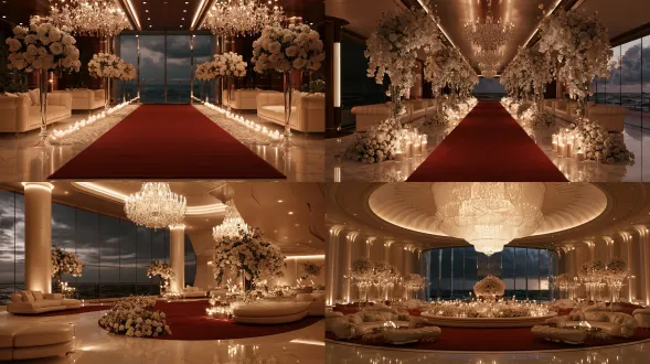 yacht grand hall filled with white roses, crystal chandeliers, red carpet, cream leather sofas, tall glass wall to stormy sea, warm low light, marble floor